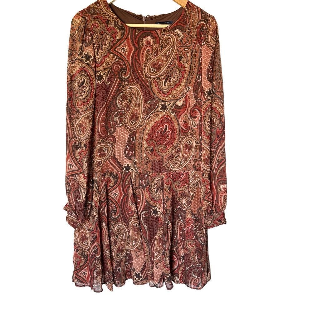 TOMMY HILFIGER Womens Dress Size 8 Brown Red Paisley Long Sleeve Ruffle Boho
